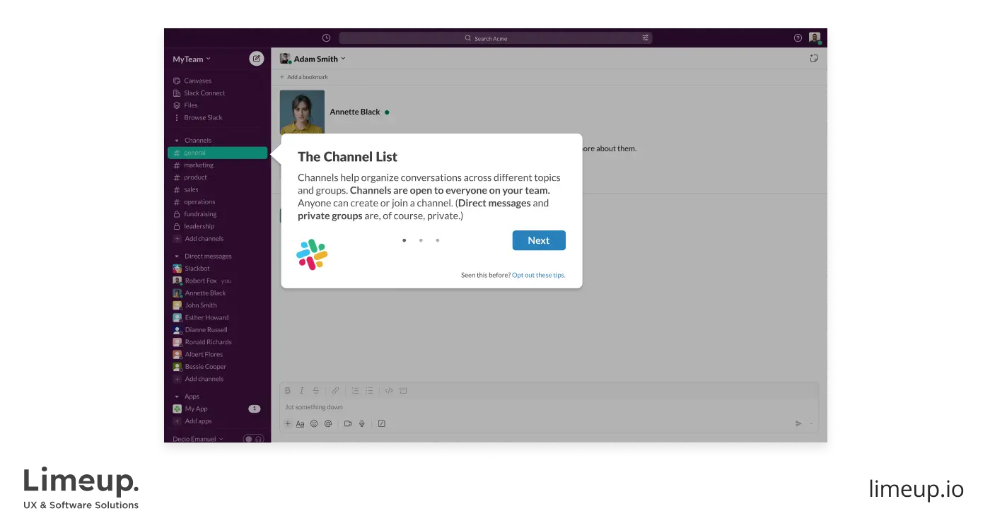 Example of UX Tour in Slack