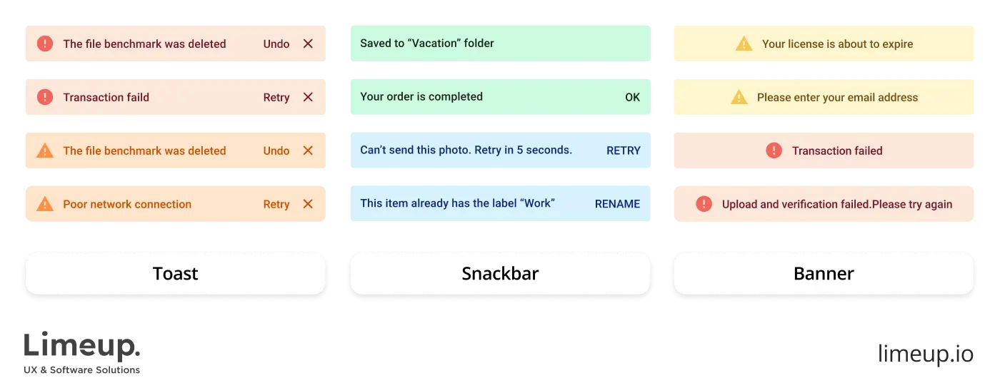 Example of different types of alerts