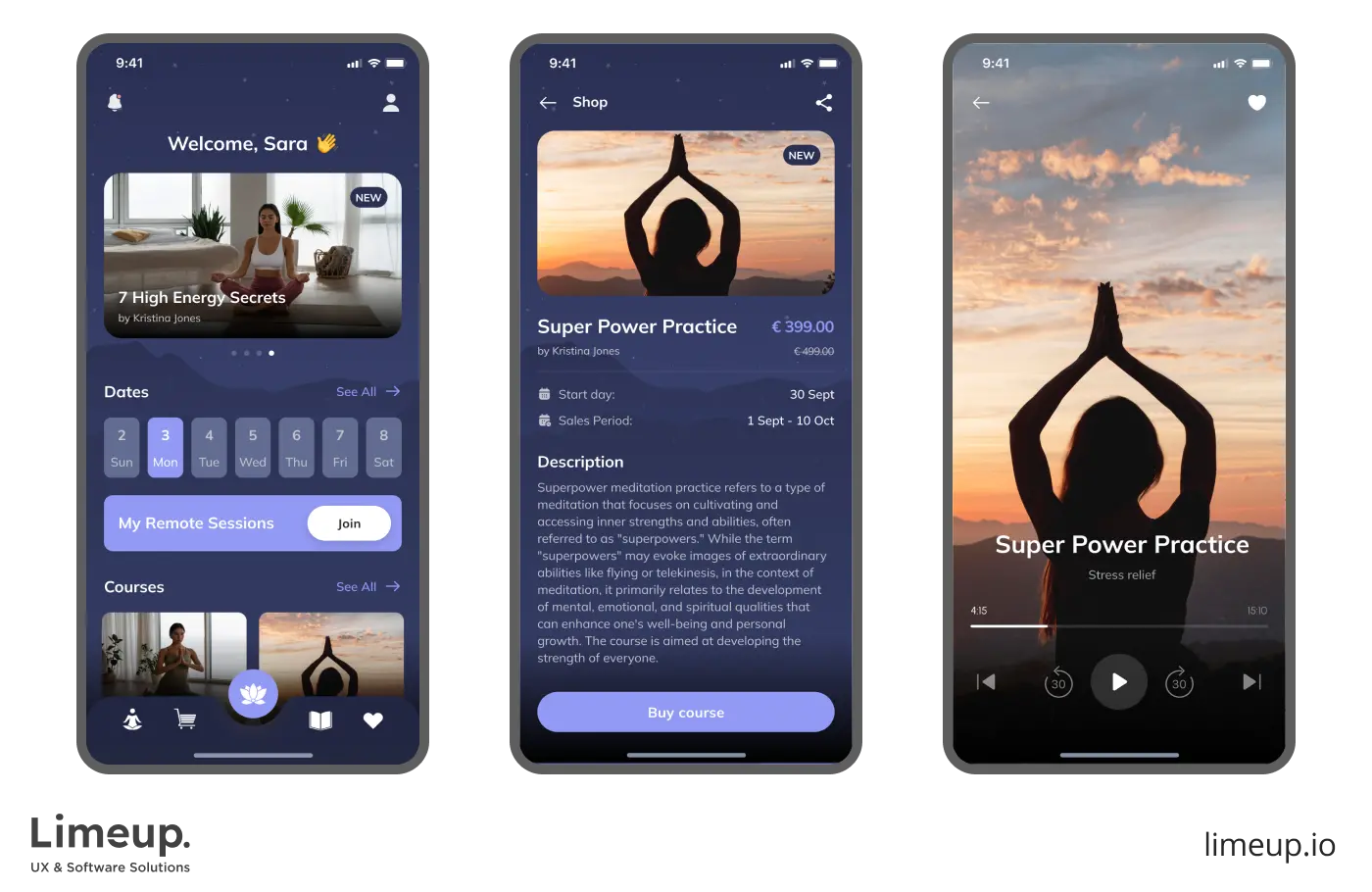 Example of UX/UI design in meditation app