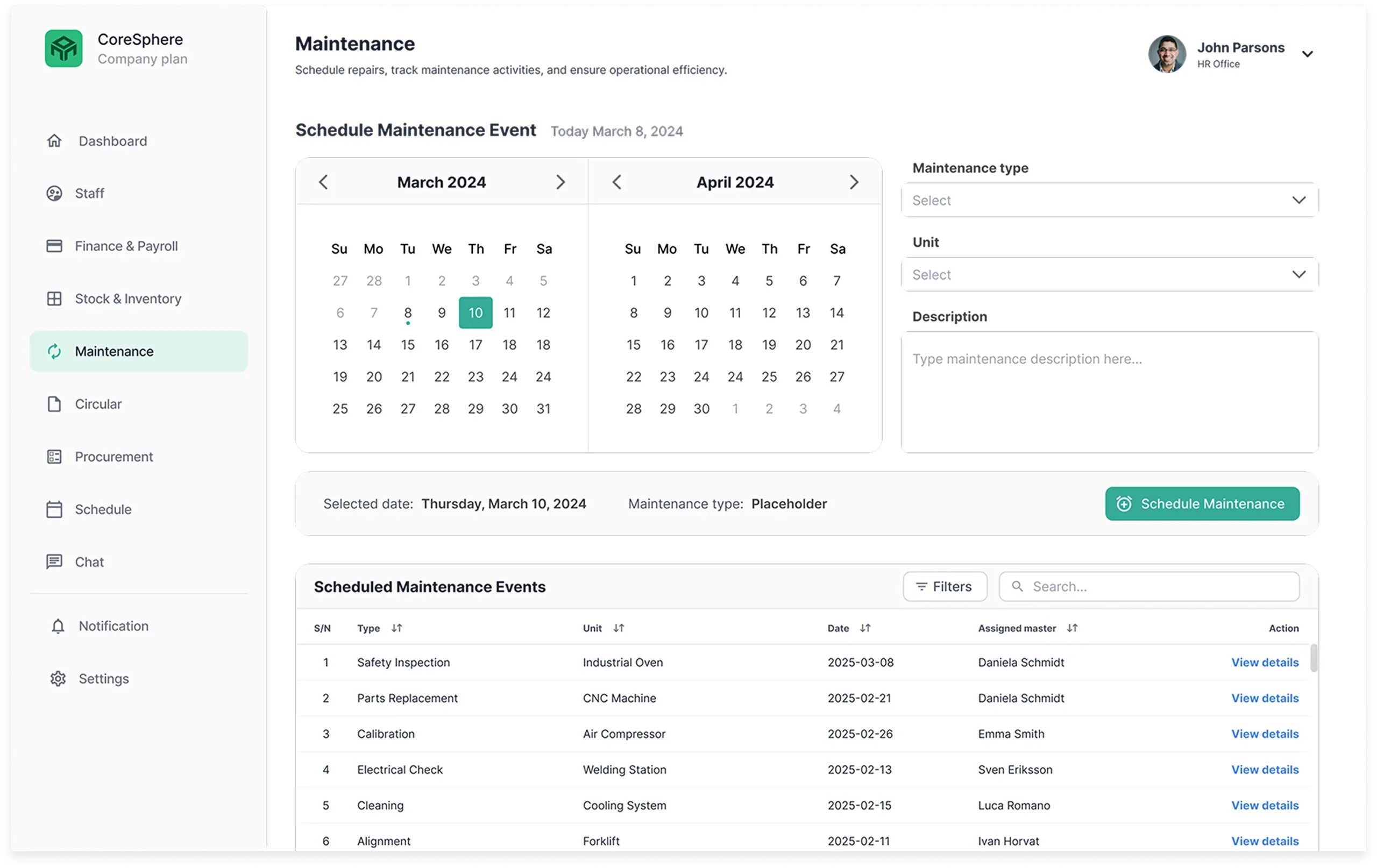 Maintenence screen example