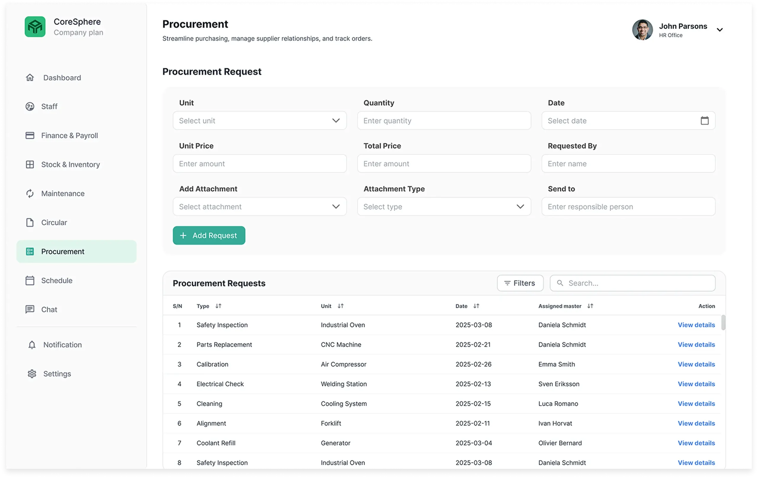 Procurement screen example